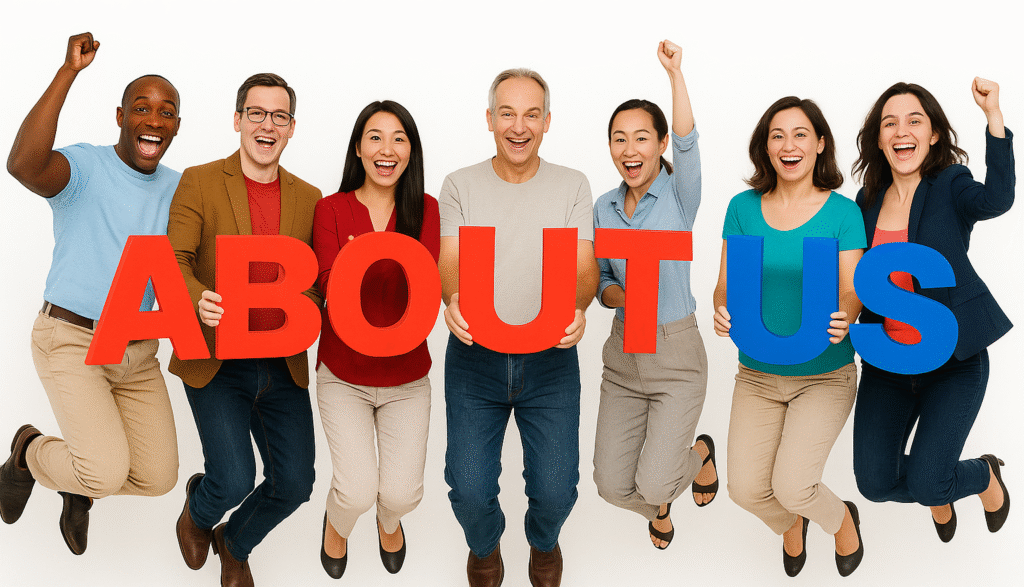 A diverse group of eight people joyfully jumping while holding large red and blue letters that spell 'ABOUT US' against a white background.